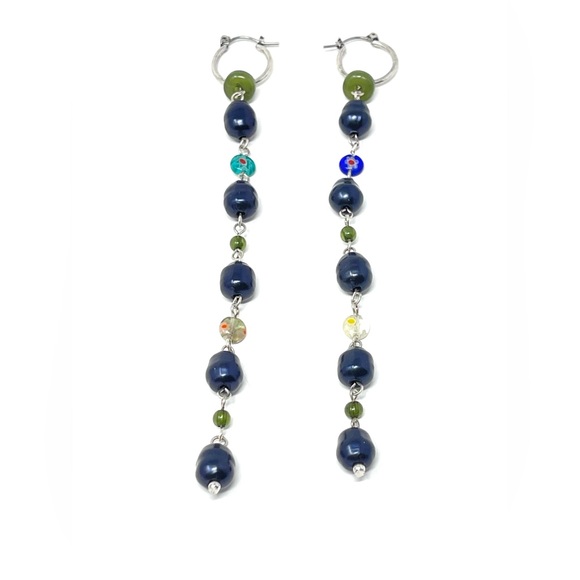 New Free People Regina Glass Bead Drop Dangle Earrings Blue Silver - Picture 3 of 4